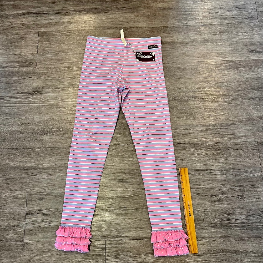 NWT Matilda Jane girls 3 ruffle Leggings pink, blue and white stripe  (size 14)